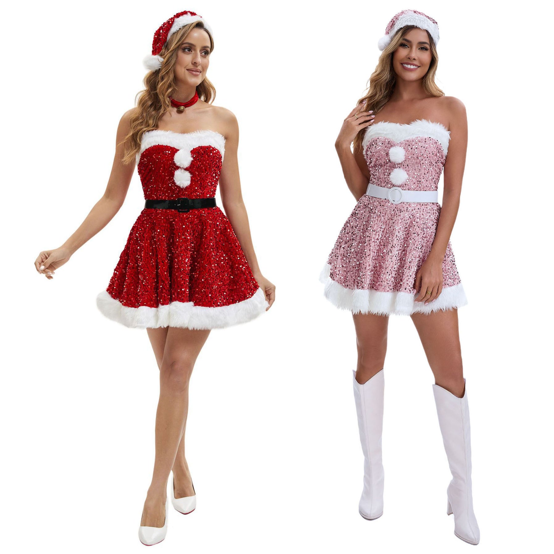 Women Christmas Dress Costume Sequin Santa Cosplay Outfits