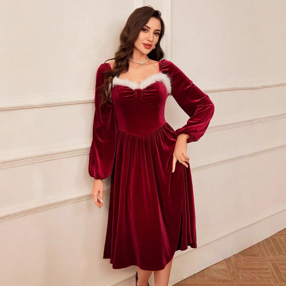 Women's Vintage Elegant Christmas Party Cocktail Long Sleeve Red Dress
