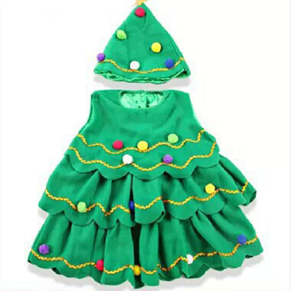 Christmas Girls XmasTree Dress Child Costume Outfit 2 PC Set