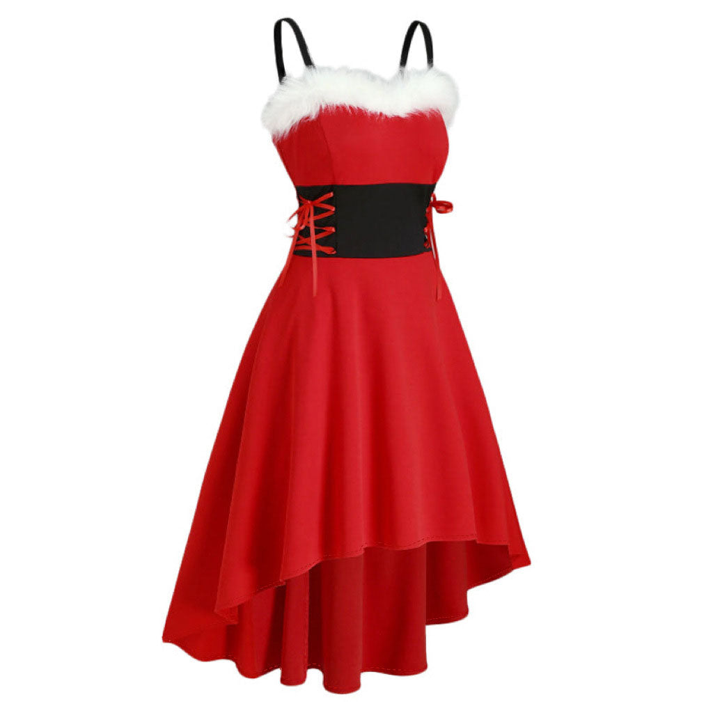 Womens Asymmetric Sleeveless Red Midi Merry Christmas Dress Costumes