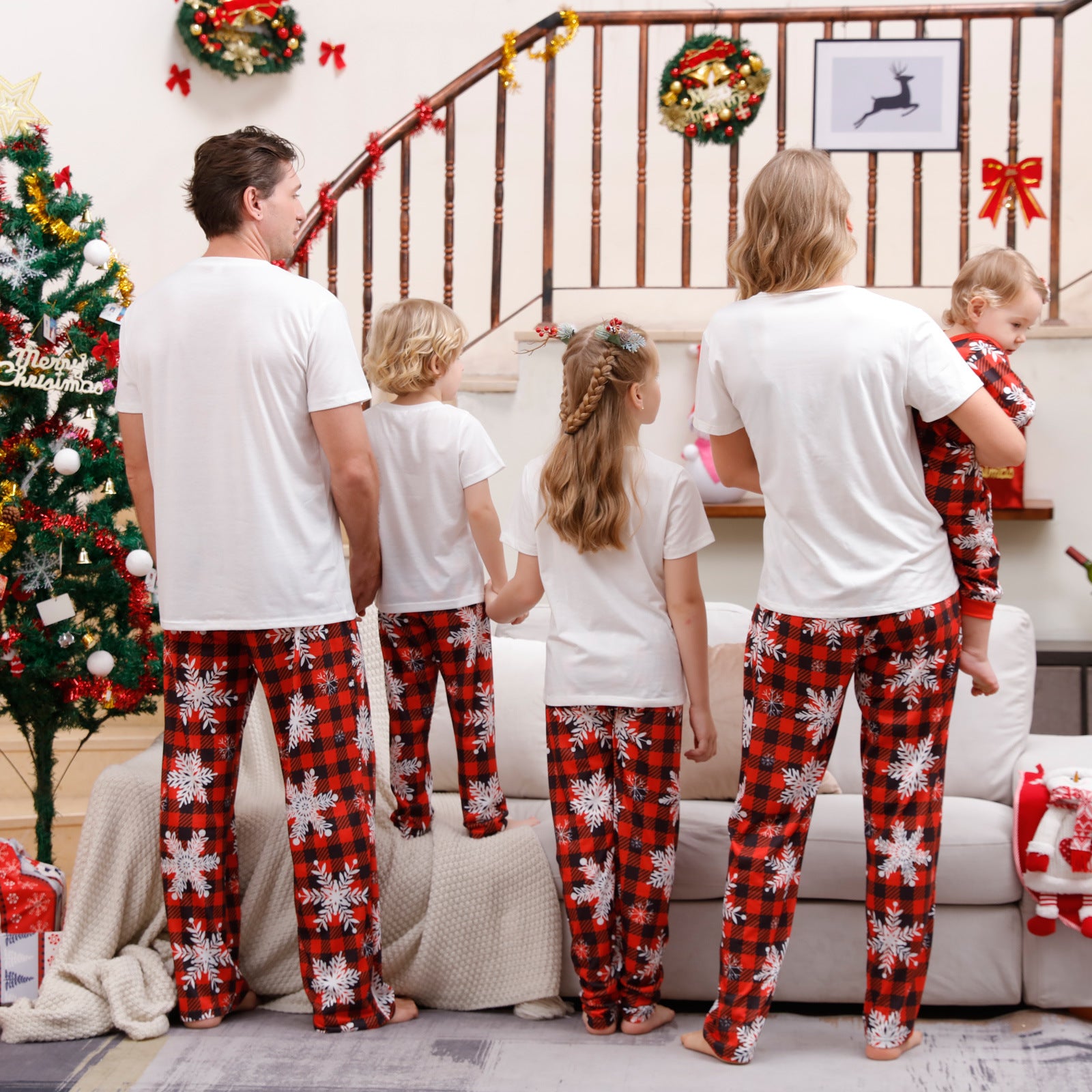 Family Matching Pajamas Christmas tree snowflakes Red Black plaid print Sets - Ciclove