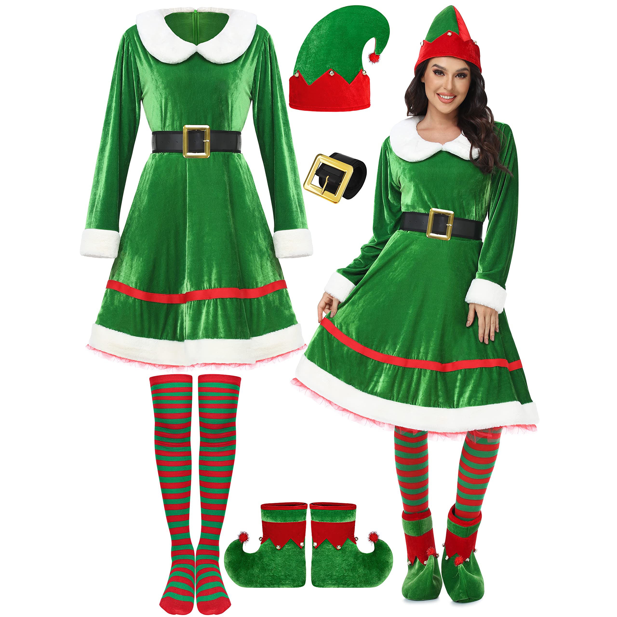 Women Christmas Elf Costume Set Velvet Dress Belt Striped - Ciclove