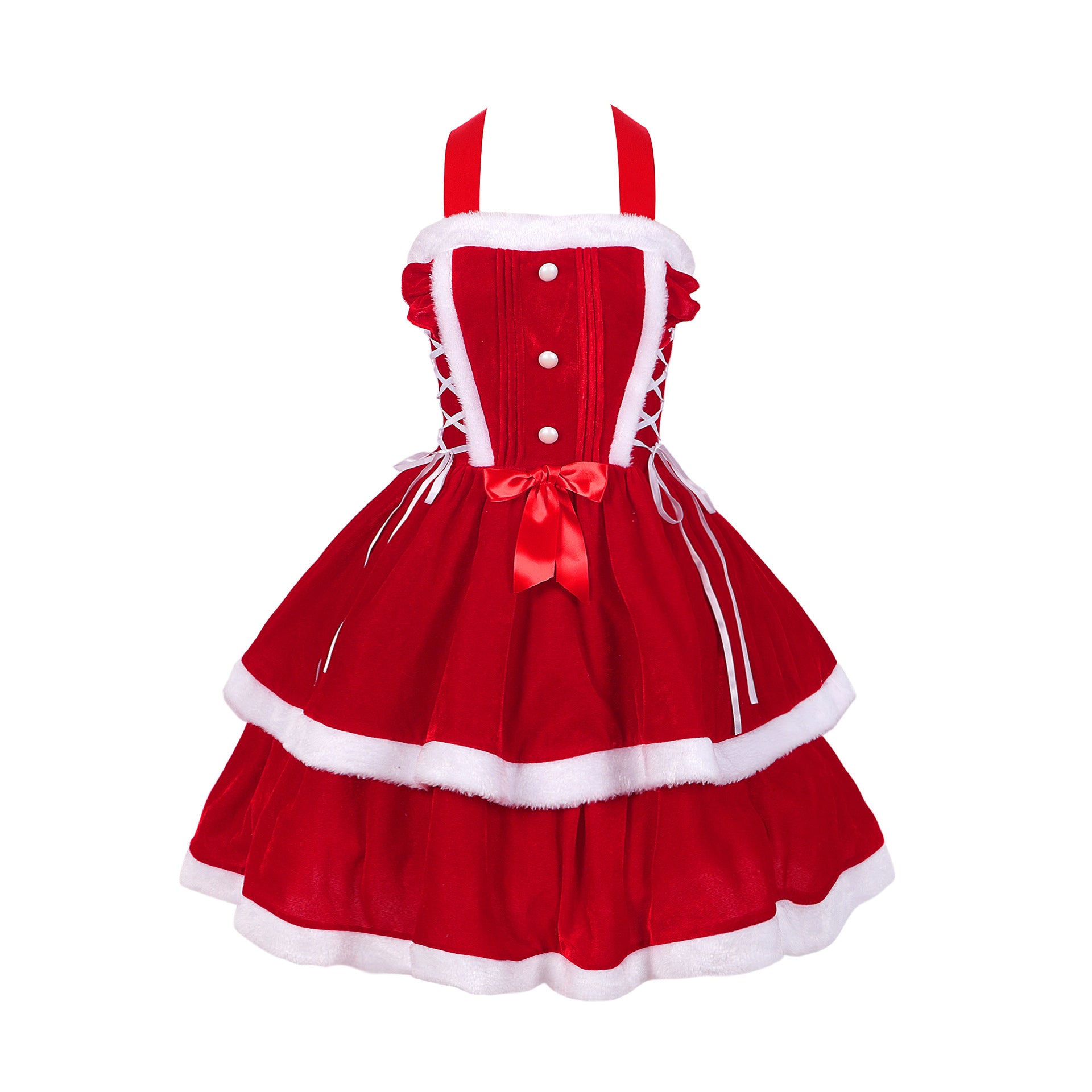 Womens Christmas Lace Up Party Stage Performance Dresses Santa Claus Outfits with Cape - Ciclove