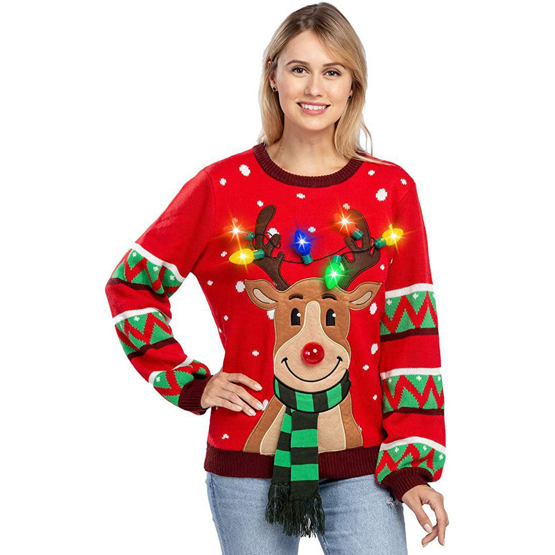 ugly women christmas Claus Sweater Funny Elk With LED lights - Ciclove