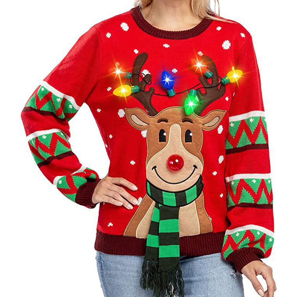 ugly women christmas Claus Sweater Funny Elk With LED lights - Ciclove