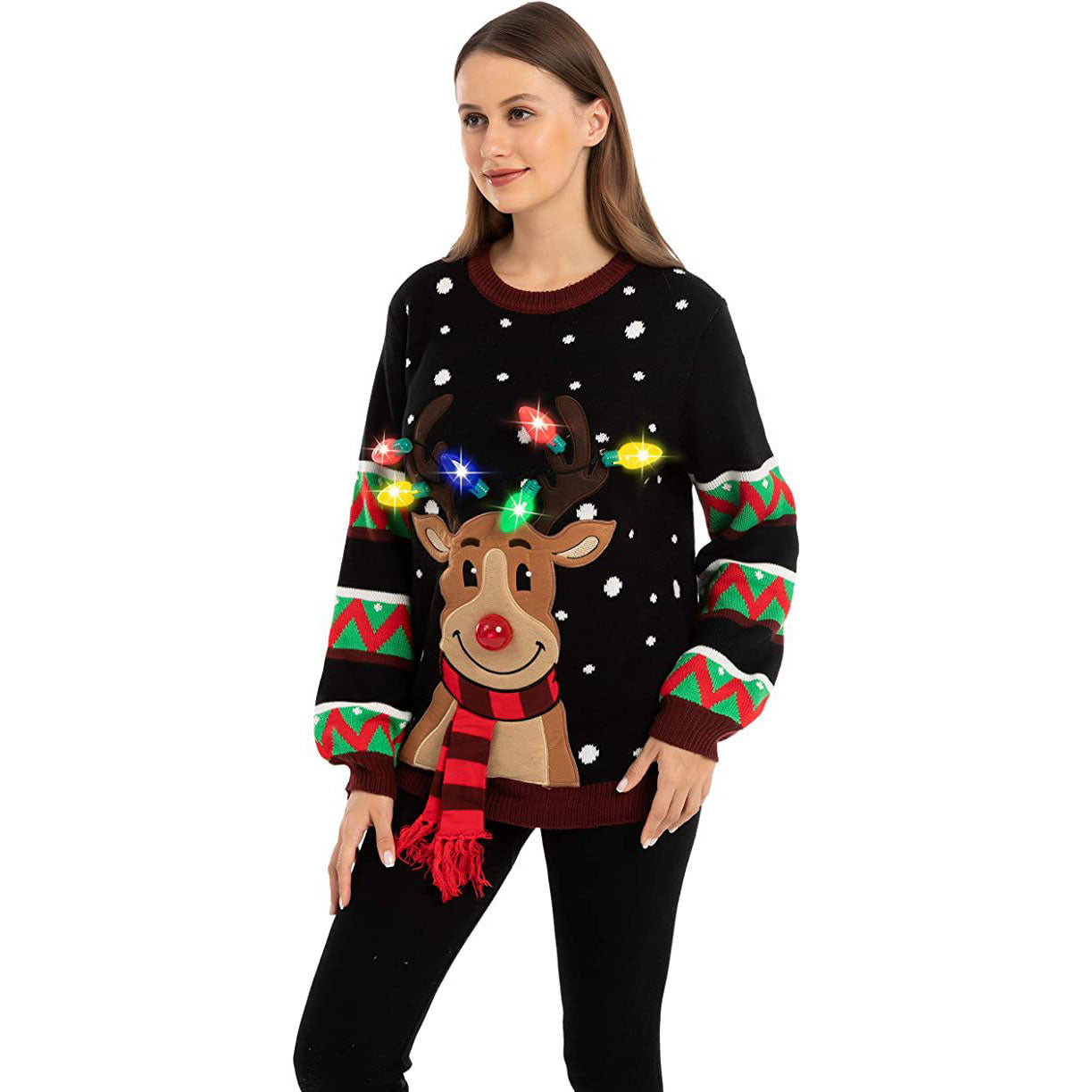 ugly women christmas Claus Sweater Funny Elk With LED lights - Ciclove