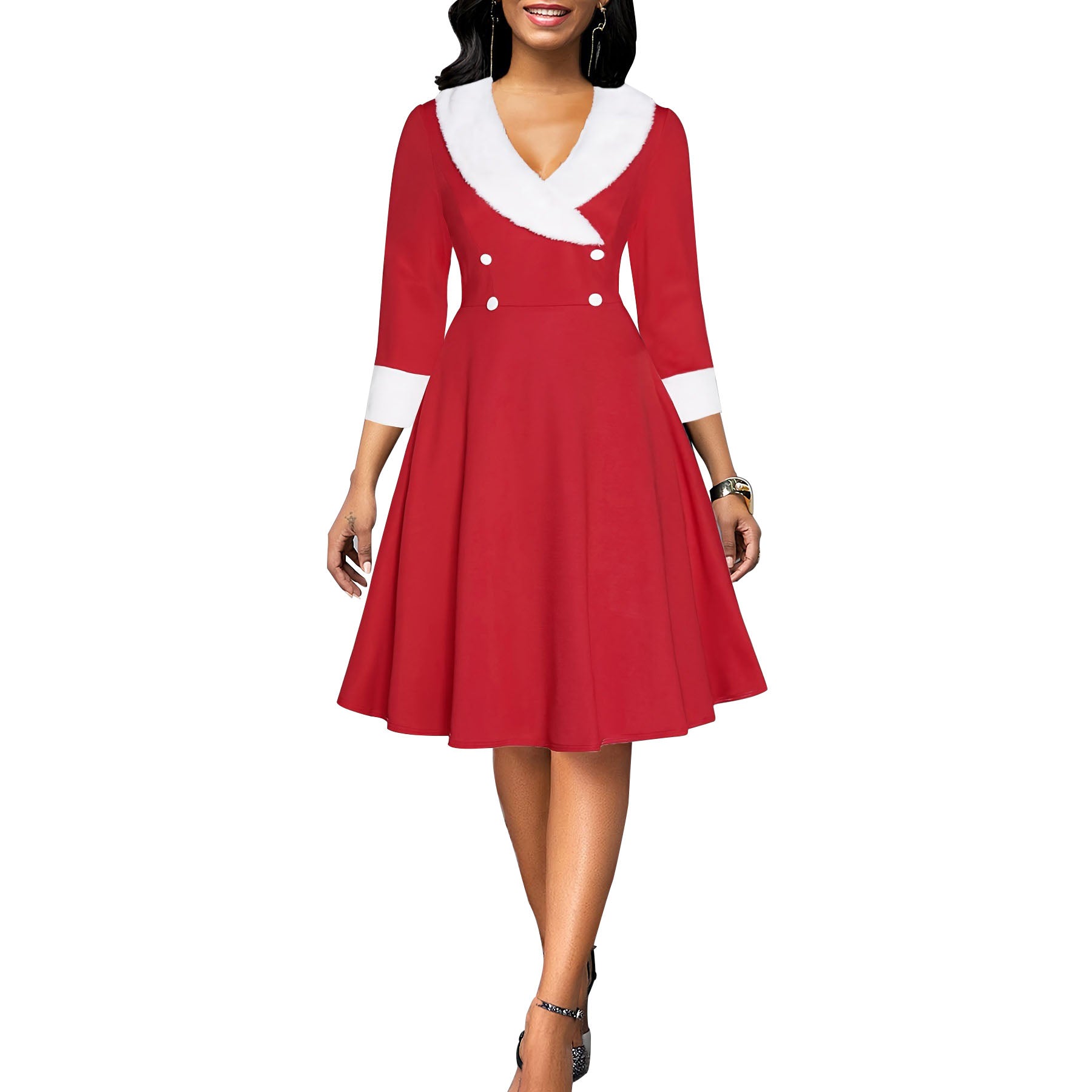 Red & White 1950s Christmas costumes Lapel Dress - Ciclove