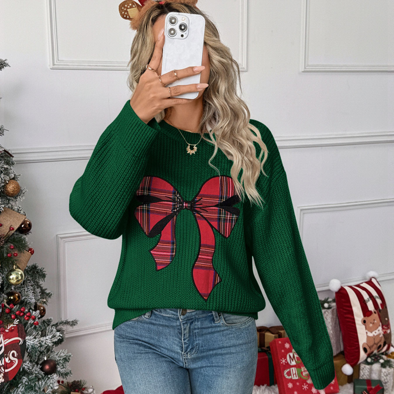 Ugly Christmas Sweaters 1980s Plaid Bow Round Neck Sweater - Ciclove