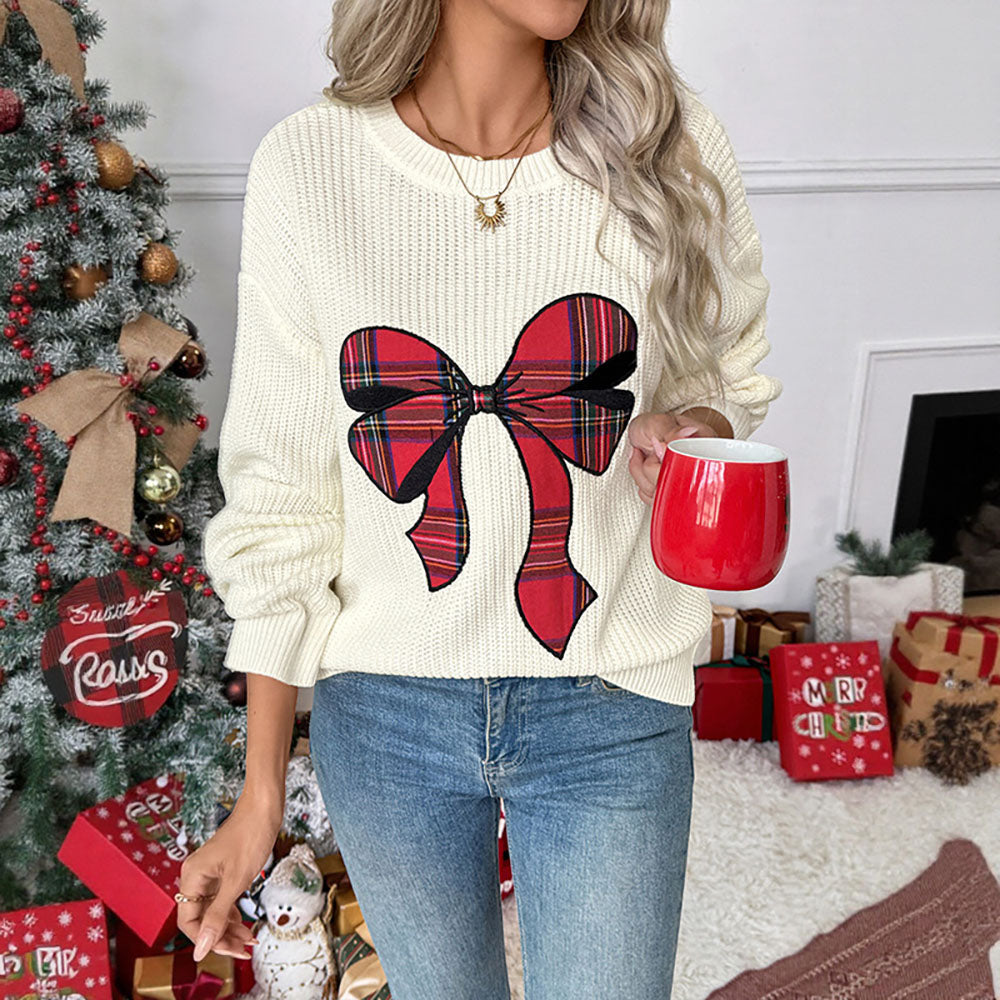 Ugly Christmas Sweaters 1980s Plaid Bow Round Neck Sweater - Ciclove