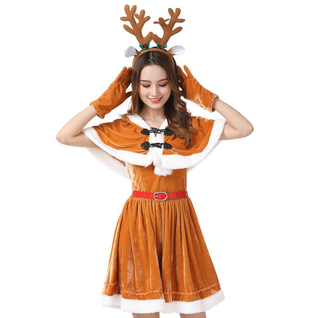 Christmas Brown 1940s Costumes Moose Cape & Velvet Dress 5PCS - Ciclove