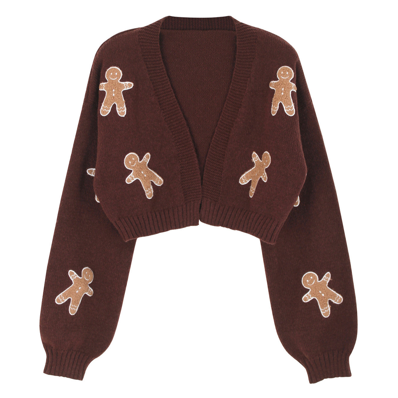 Brown 1960s Gingerbread Cropped Ugly Christmas Sweater Cardigan - Ciclove
