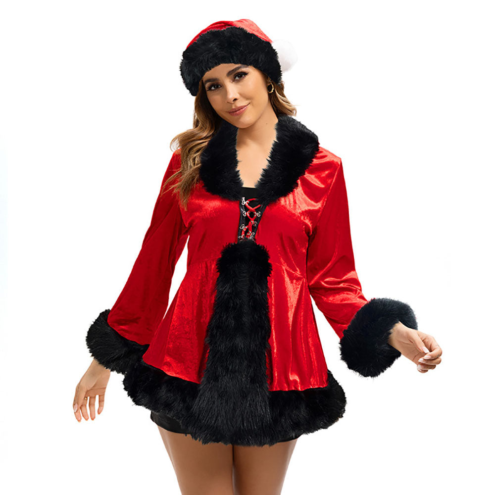 Red 1970s Christmas Fur-Trim Lace Up Velvet Costumes Dress - Ciclove