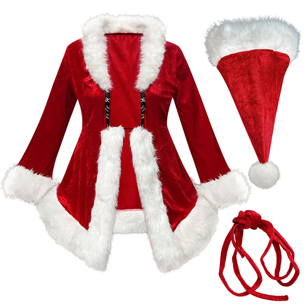 Red 1970s Christmas Fur-Trim Lace Up Velvet Costumes Dress - Ciclove