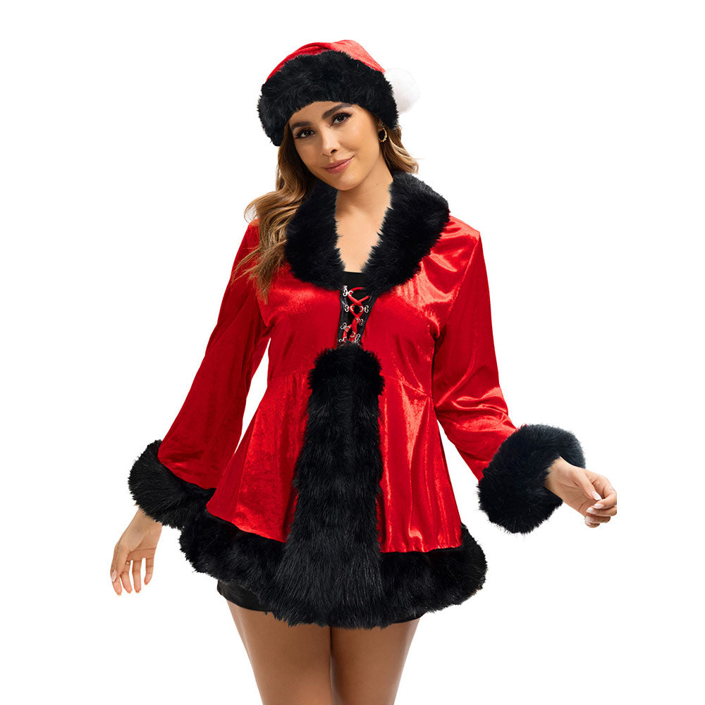 Red 1970s Christmas Fur-Trim Lace Up Velvet Costumes Dress - Ciclove