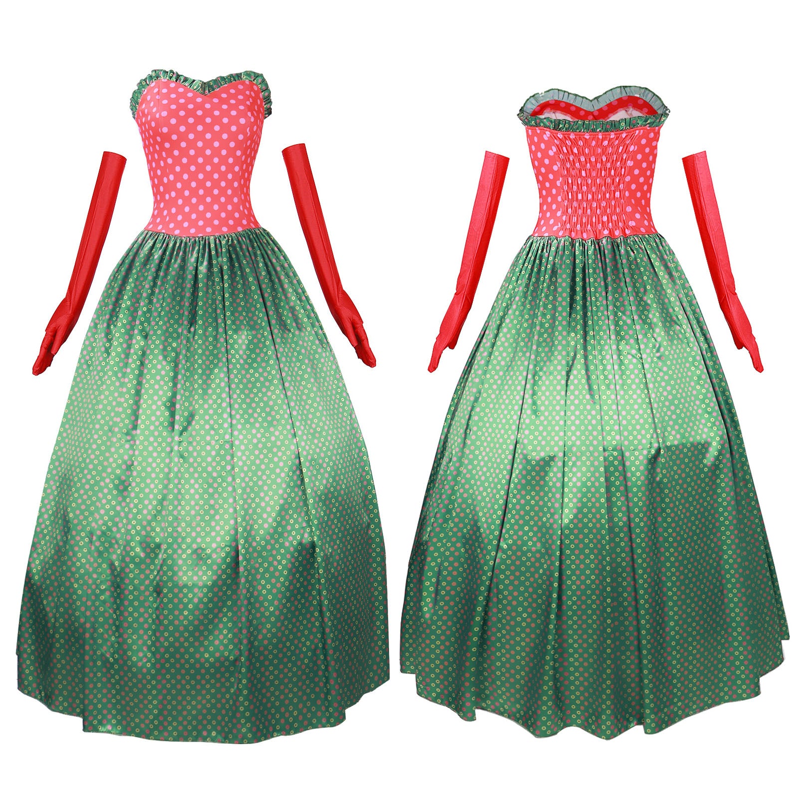 Christmas Green 1930s Grinch Martha Cosplay Costumes Polka Dot Strapless Dress - Ciclove