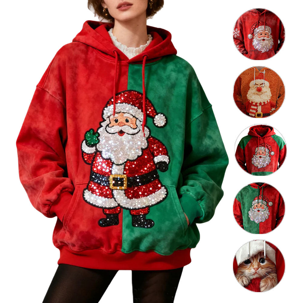 Women's Cute Ugly Christmas Santa Art Drawstring Hoodie - Ciclove