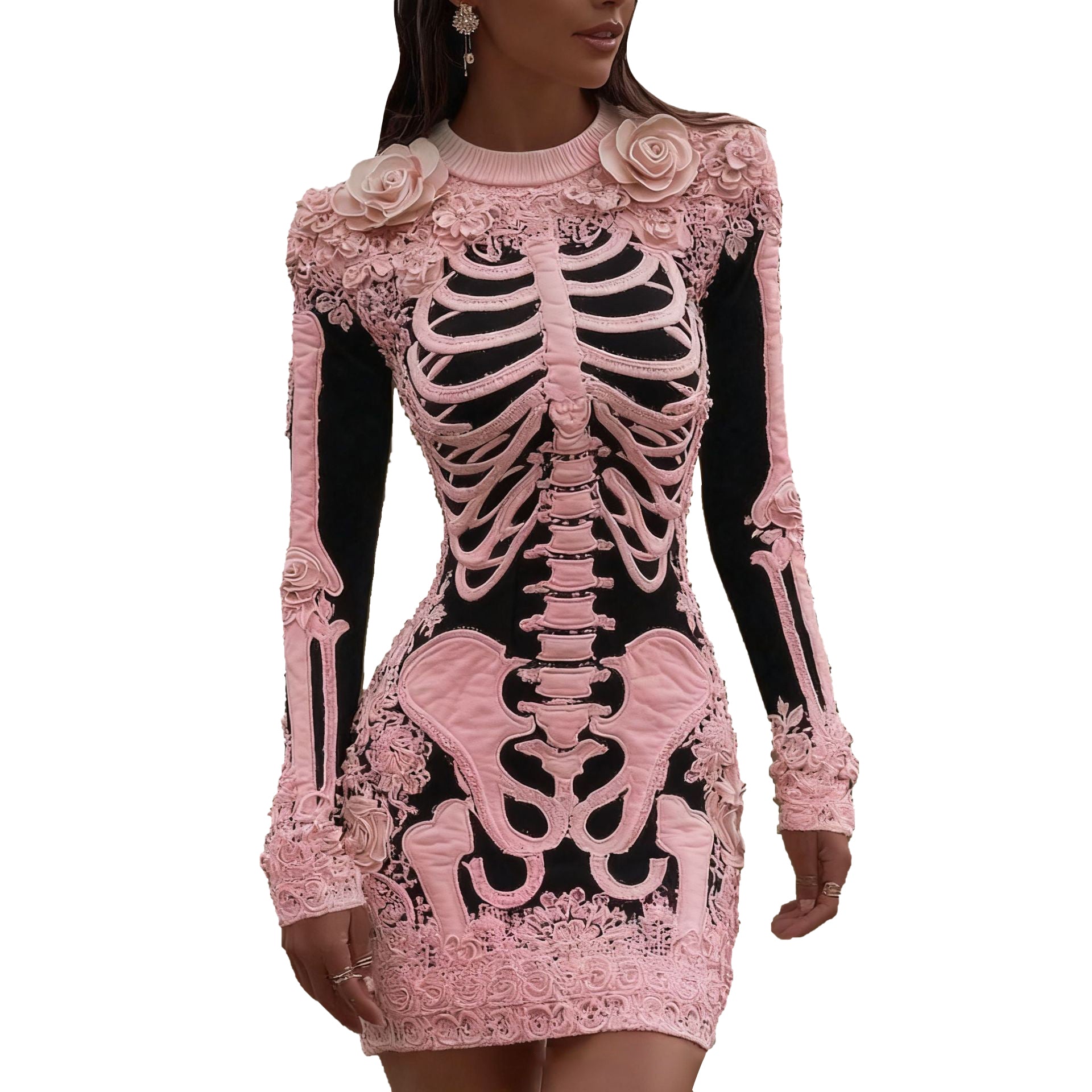 Women's Christmas Tangled Skeleton Floral Cozy Dress - Ciclove