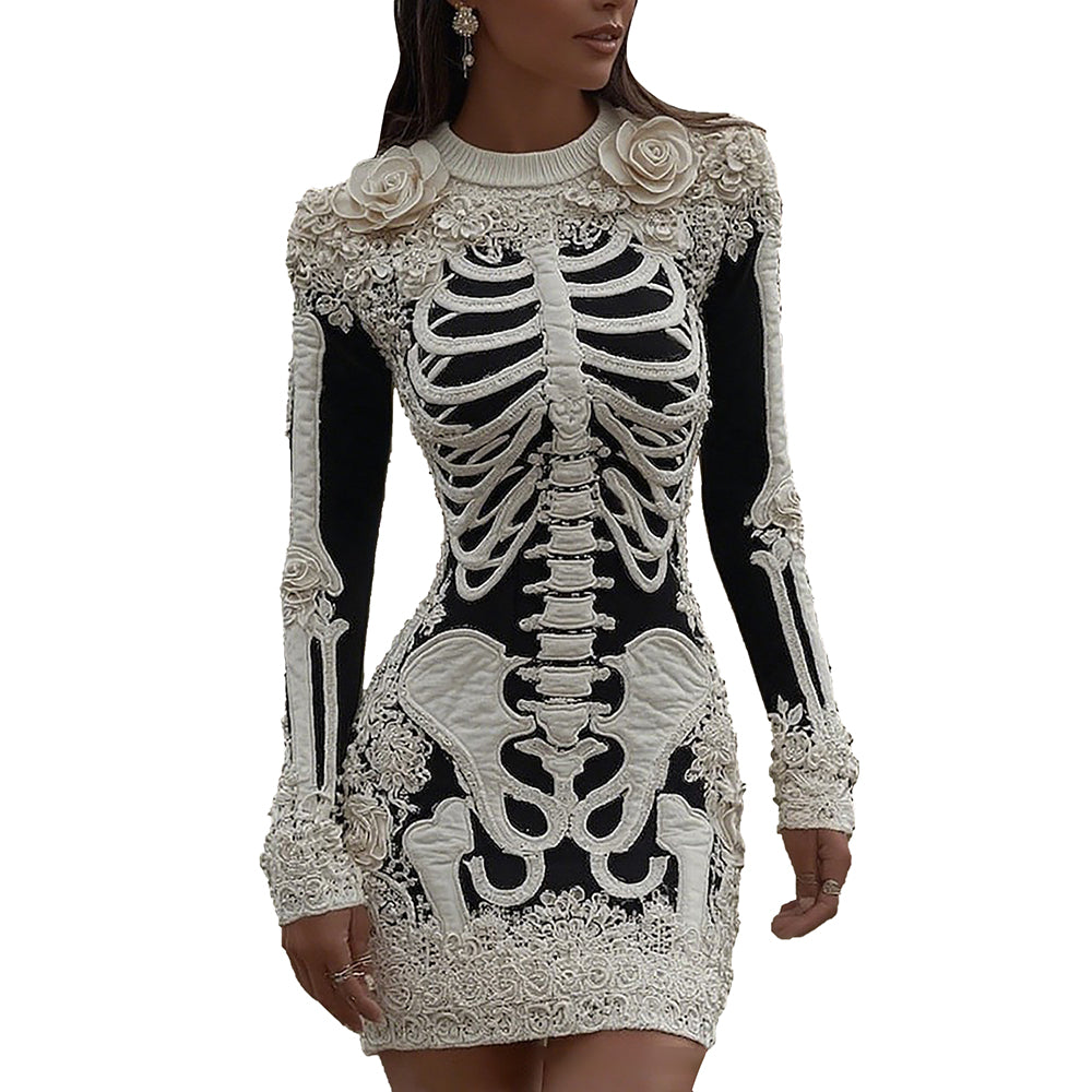 Women's Christmas Tangled Skeleton Floral Cozy Dress - Ciclove