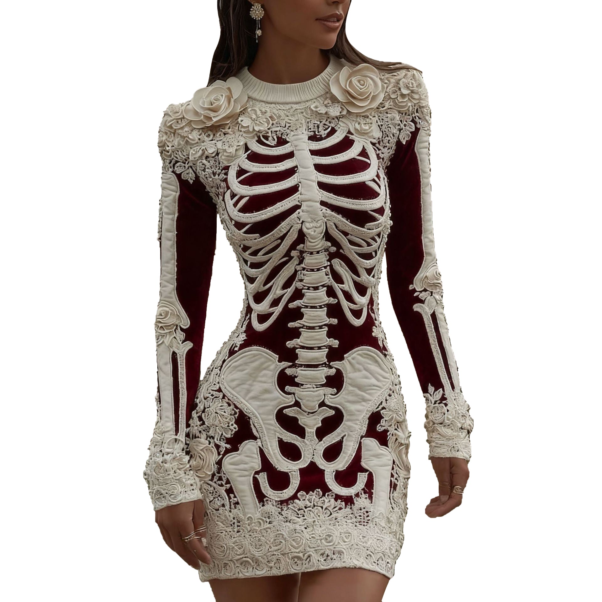 Women's Christmas Tangled Skeleton Floral Cozy Dress - Ciclove