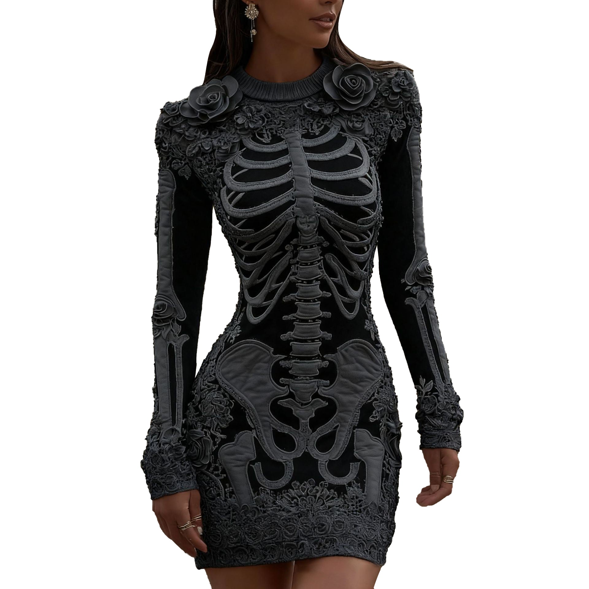 Women's Christmas Tangled Skeleton Floral Cozy Dress - Ciclove