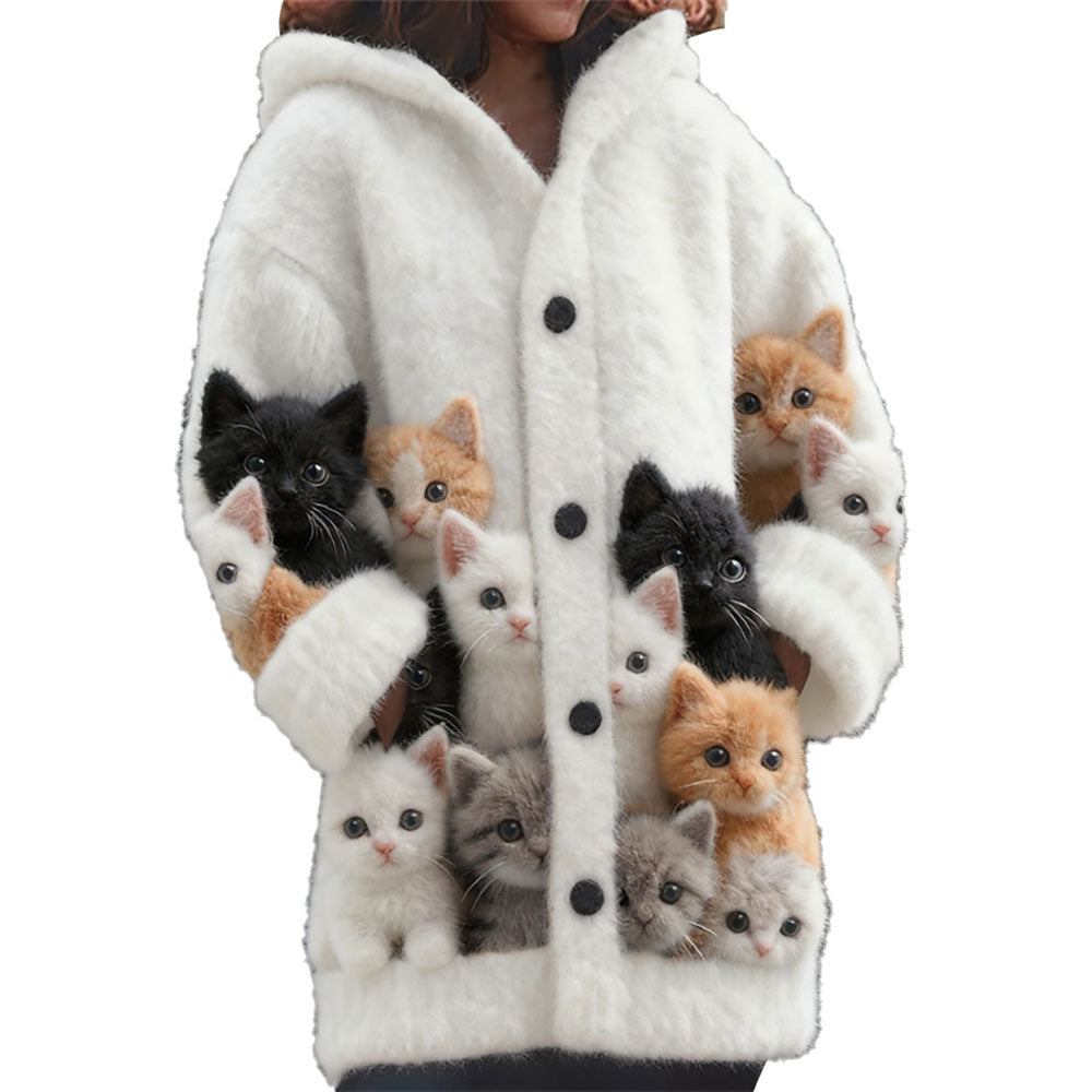 Women's Christmas Probe Cat Fleece Hooded Cardigan Long Sweater - Ciclove