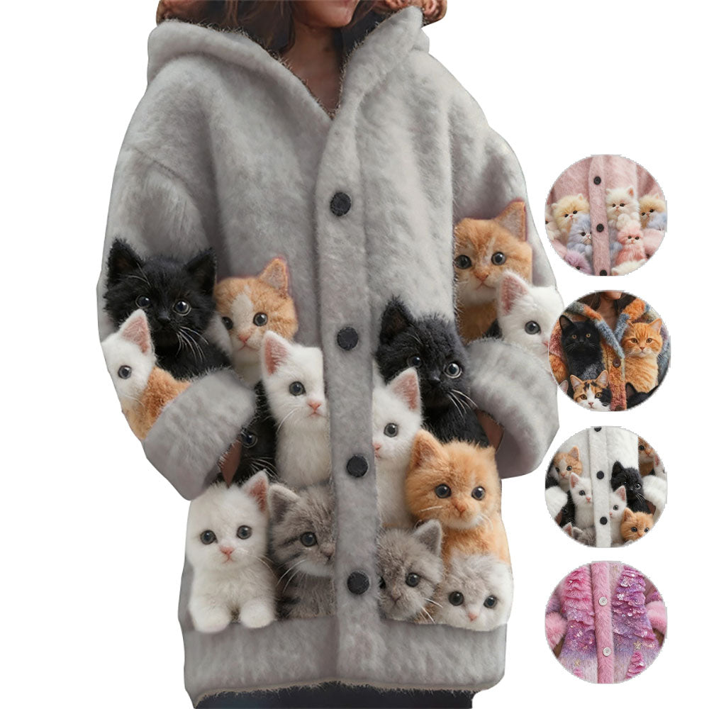 Women's Christmas Probe Cat Fleece Hooded Cardigan Long Sweater - Ciclove