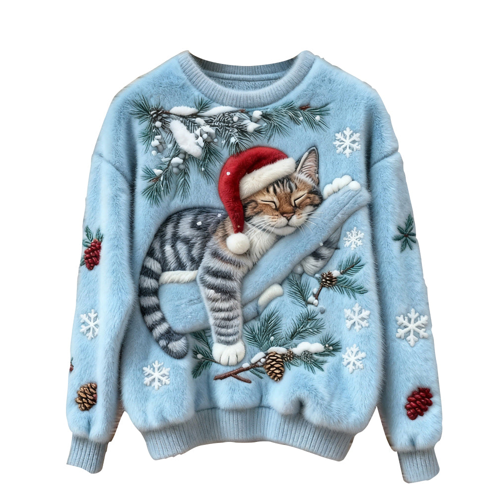 Ugly Women's Christmas Cat Comfortable Crew Neck Sweater - Ciclove