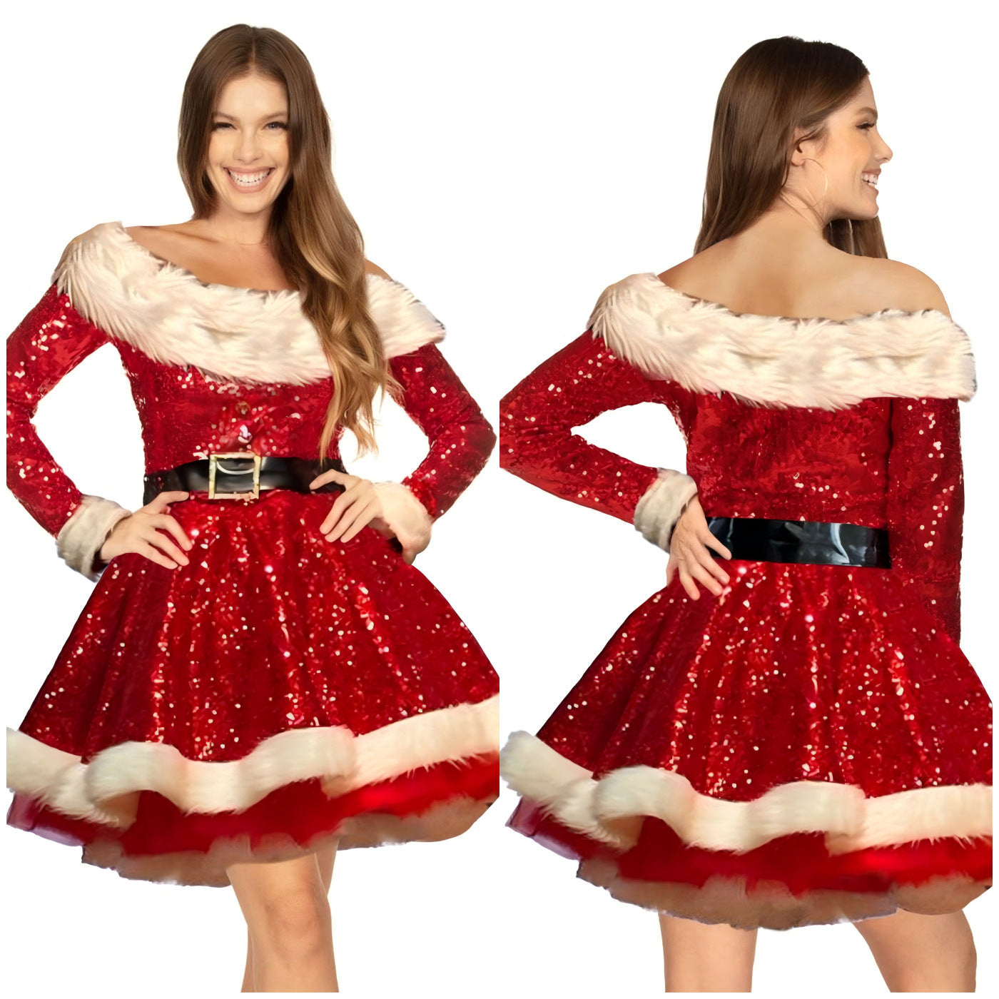 Red Christmas Sequin Off Shoulder Fur Belted Costumes Dress - Ciclove