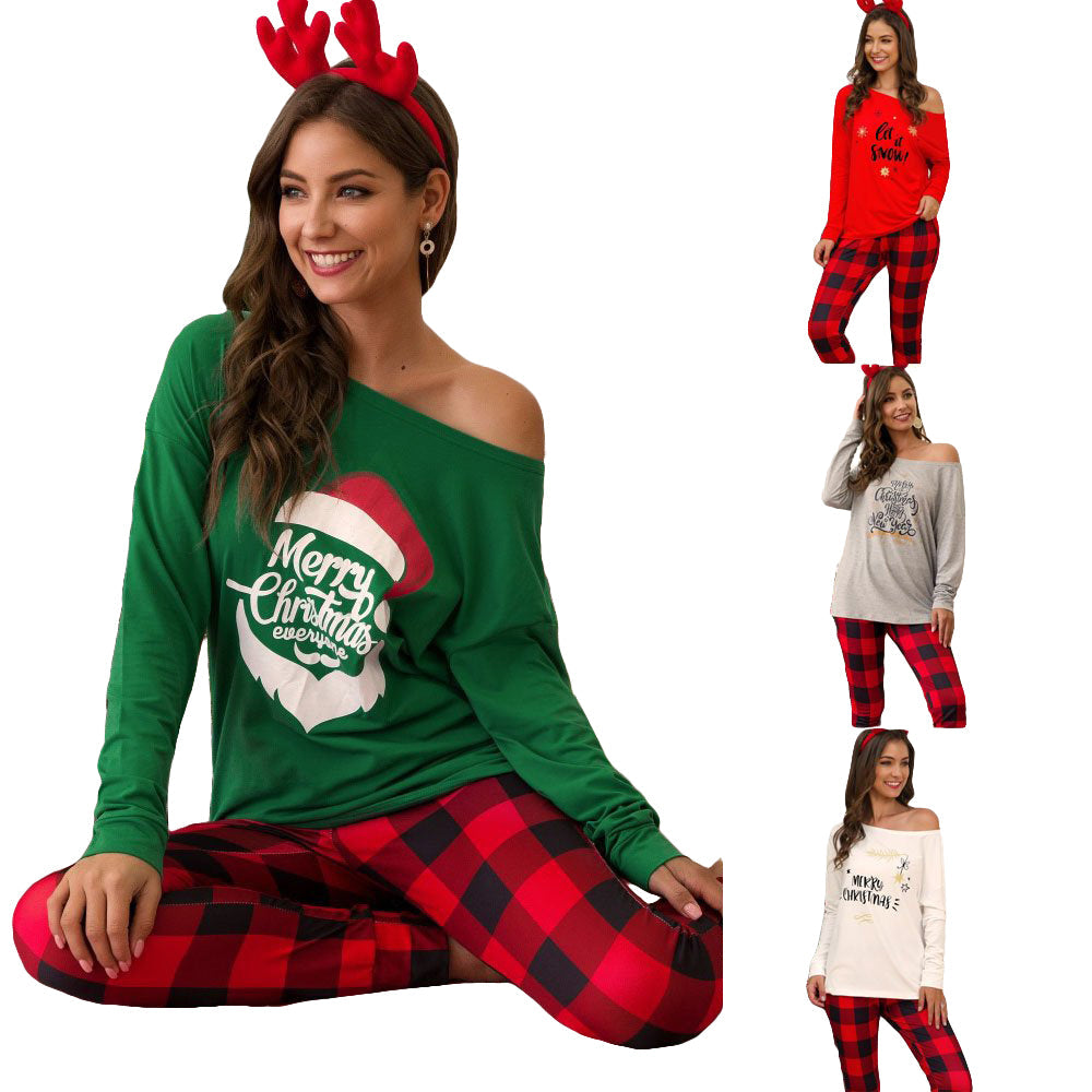 2022 Christmas Pajamas Printed Oblique Shoulder Tops Plaid Pants Casual Suit Women