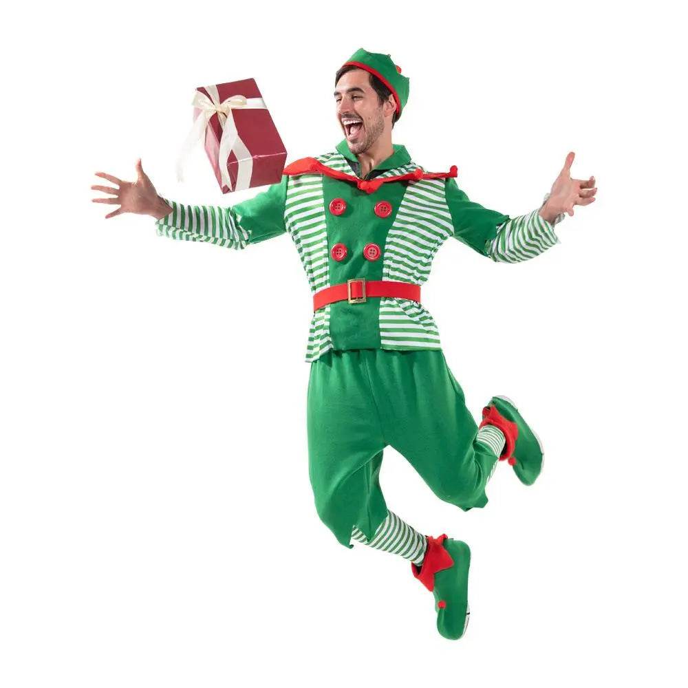 Christmas Elf Adult Men Costume with Elf Hat Stripes Design for Christmas Parties - ciclove