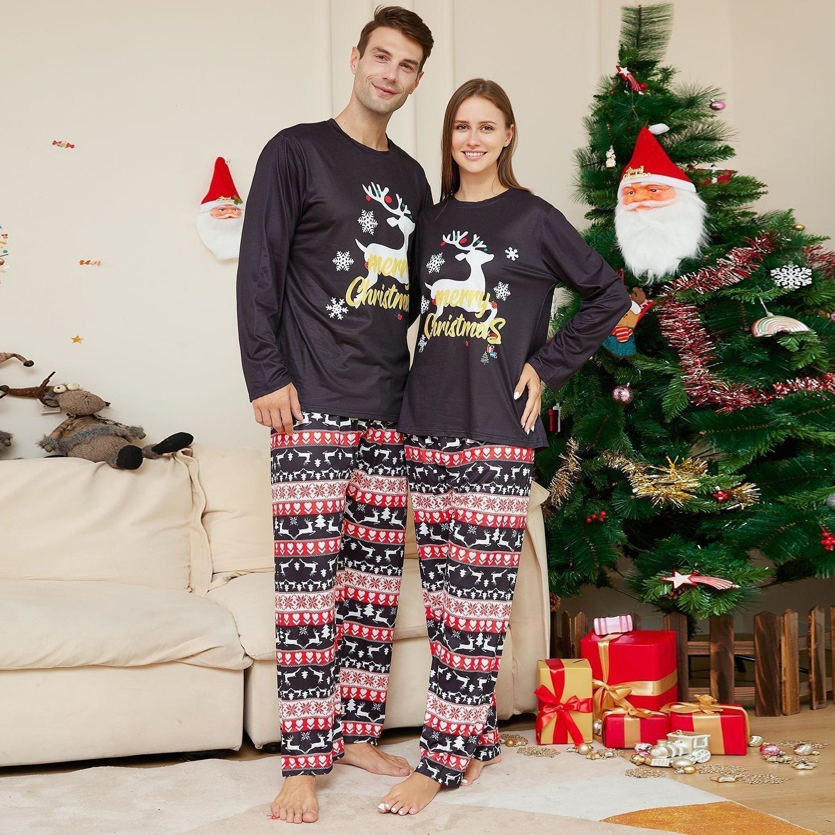 BuyChristmas Elk Letter Round Neck Print Family Couples Matching Pajamas Party Sets Now Cheaper With 3 - 5 Days Ship - PajamasBuy