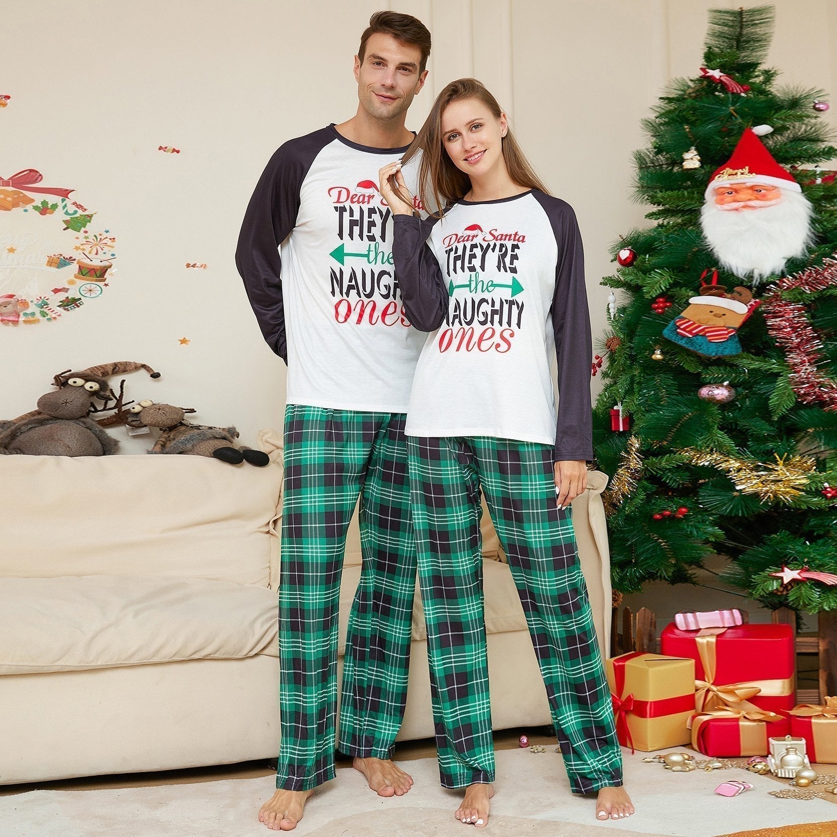 BuyChristmas Letters Green Plaid Print Family Couples Matching Pajamas Party Sets Now Cheaper With 3 - 5 Days Ship - PajamasBuy