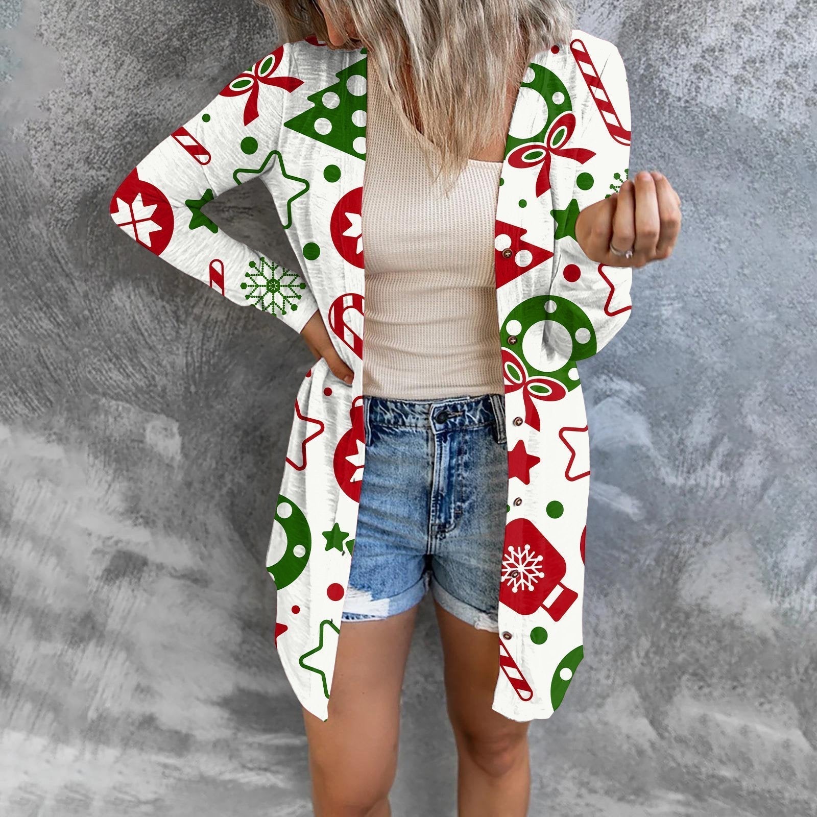 Christmas Print Fashion Button Long-sleeved Button Cardigan Women