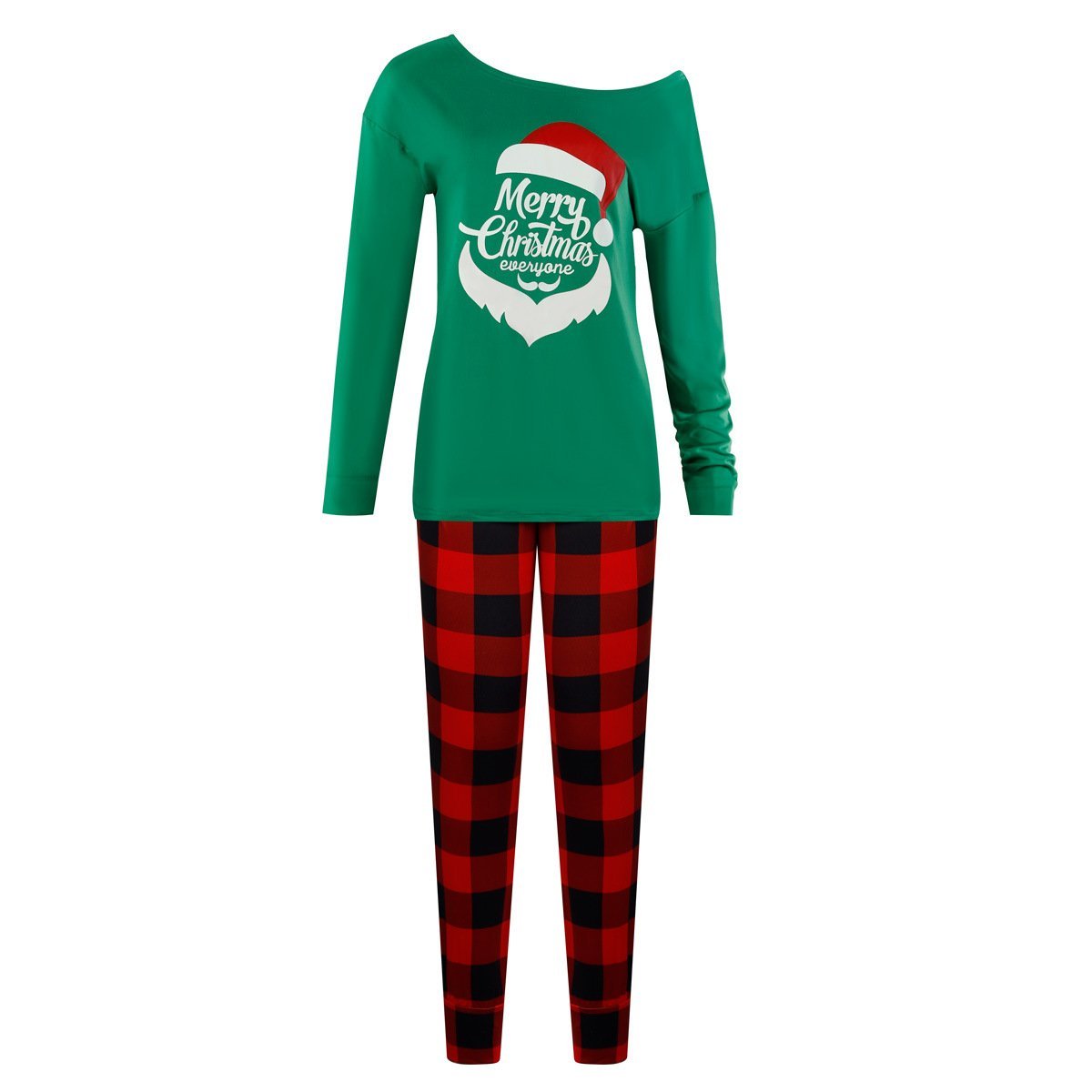 2022 Christmas Pajamas Printed Oblique Shoulder Tops Plaid Pants Casual Suit Women