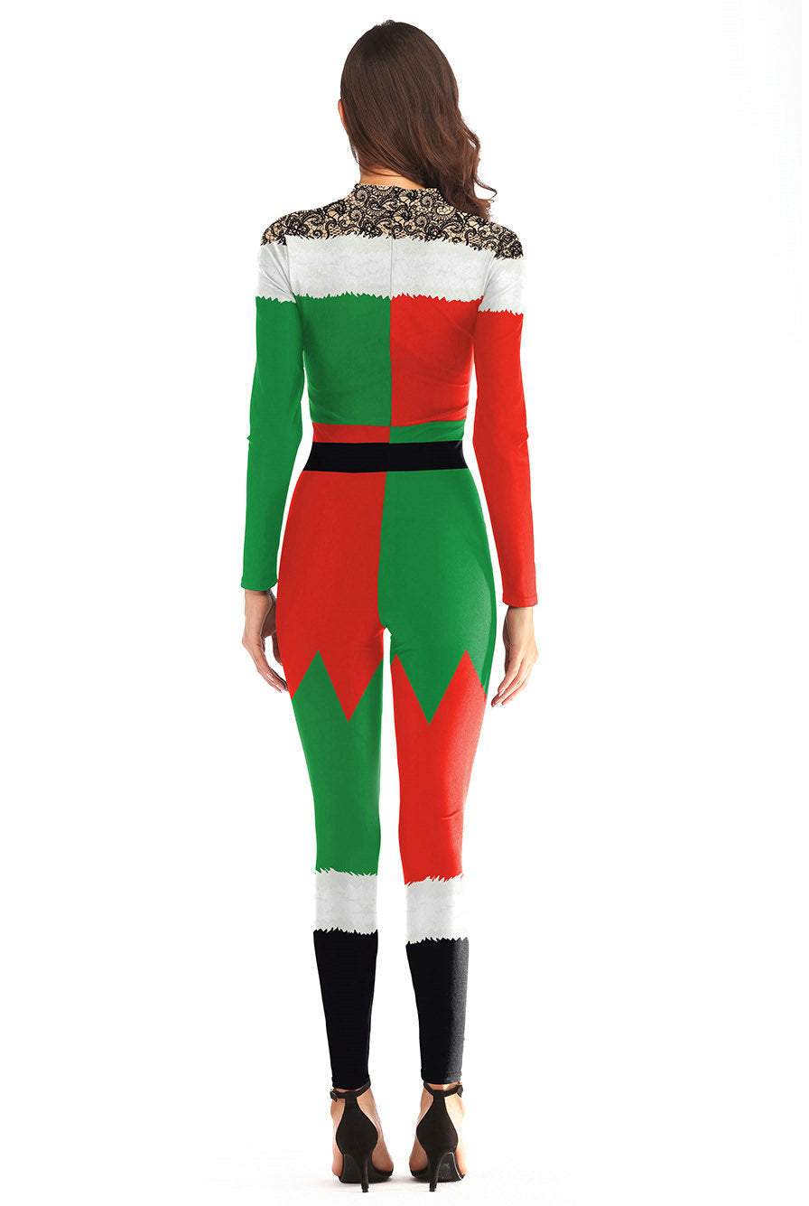 Women Christmas Santa Costume Party Digital Printed Bodysuit Jumpsuit