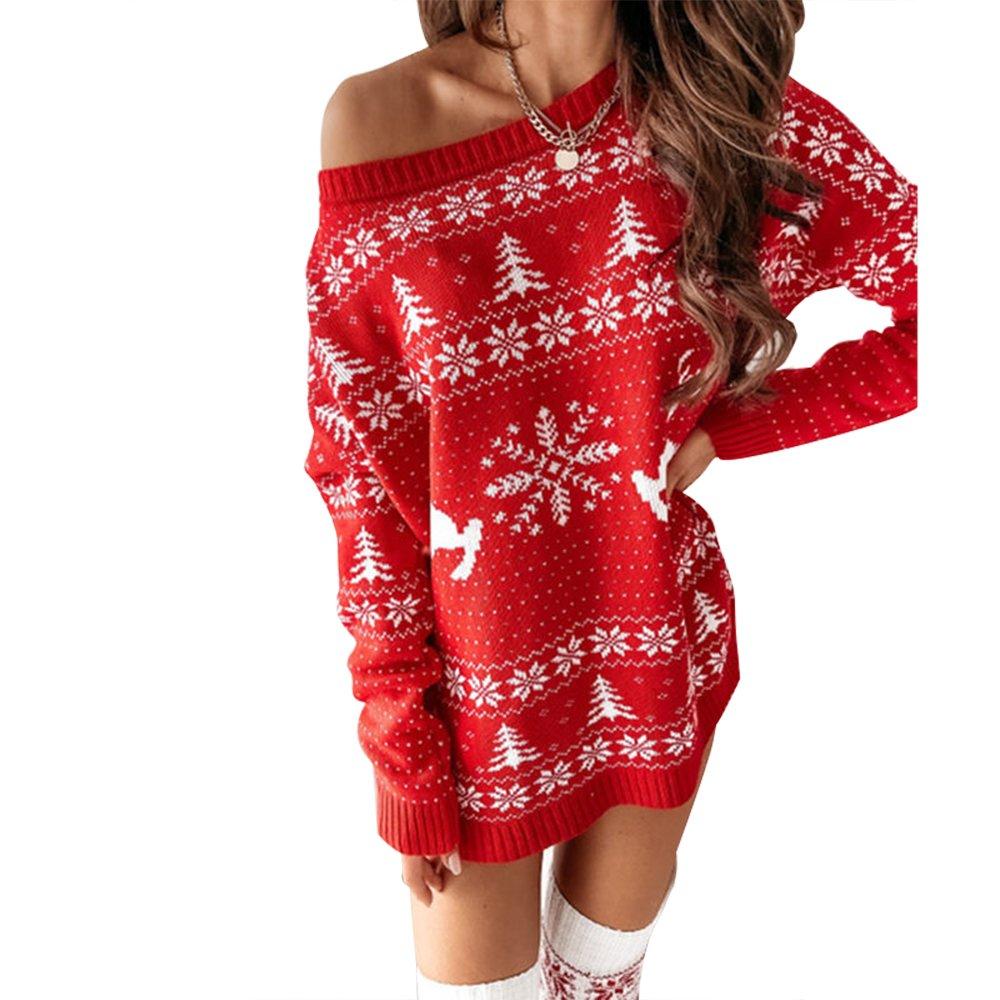 Women Ugly Christmas Dress Jacquard Loose Knit Long Sleeve Dress