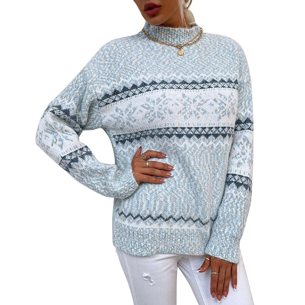 Women Ugly Christmas Sweaters Long Sleeves Knit Turtleneck Print Loose Pullover Tops
