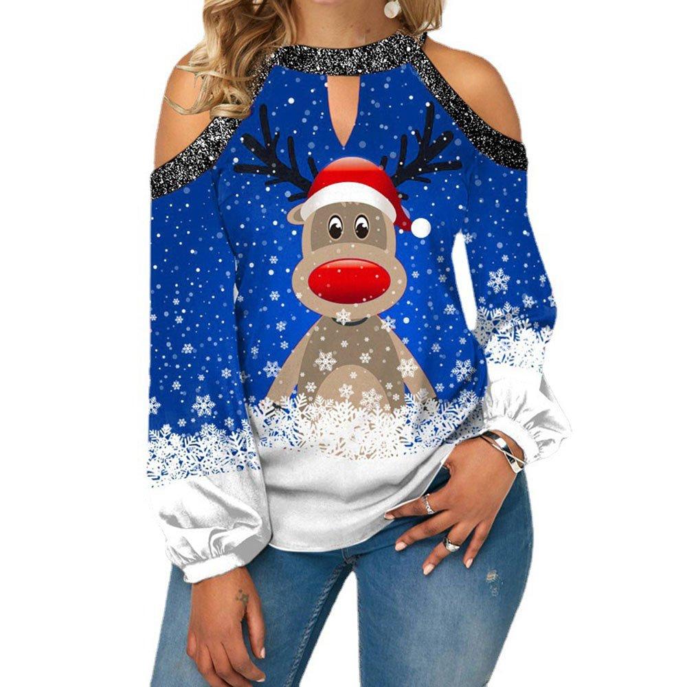 Christmas Women's Clothing Deer Print Sexy Off-shoulder Plus Size Blouse with Lantern Sleeves Sweatshirt