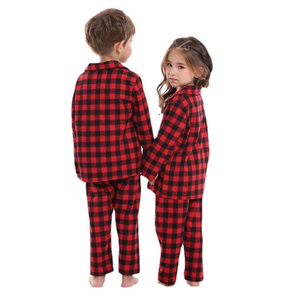 Christmas Two-piece Pajamas Brother Sister Hood Cotton Red and Black Plaid Design