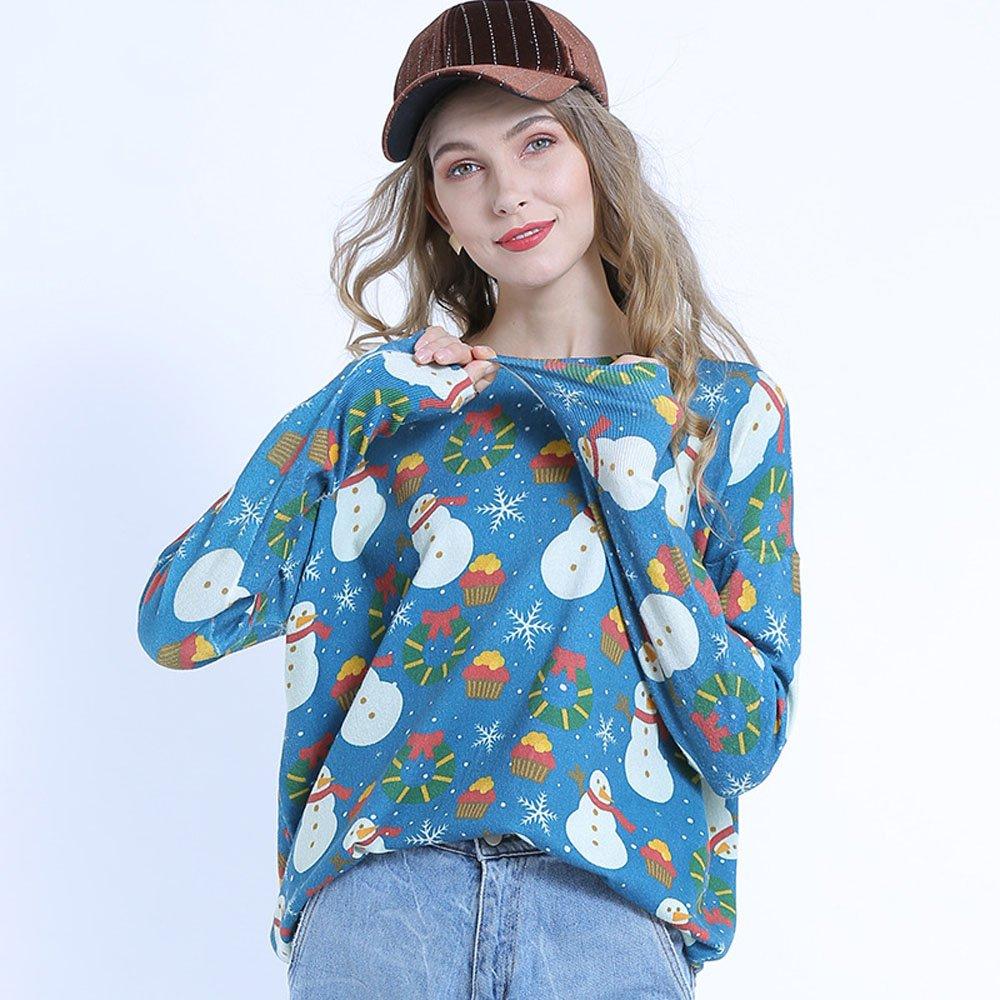 Women Ugly Christmas Sweaters Snowman Print Long Sleeve Pullover Loose Sweater