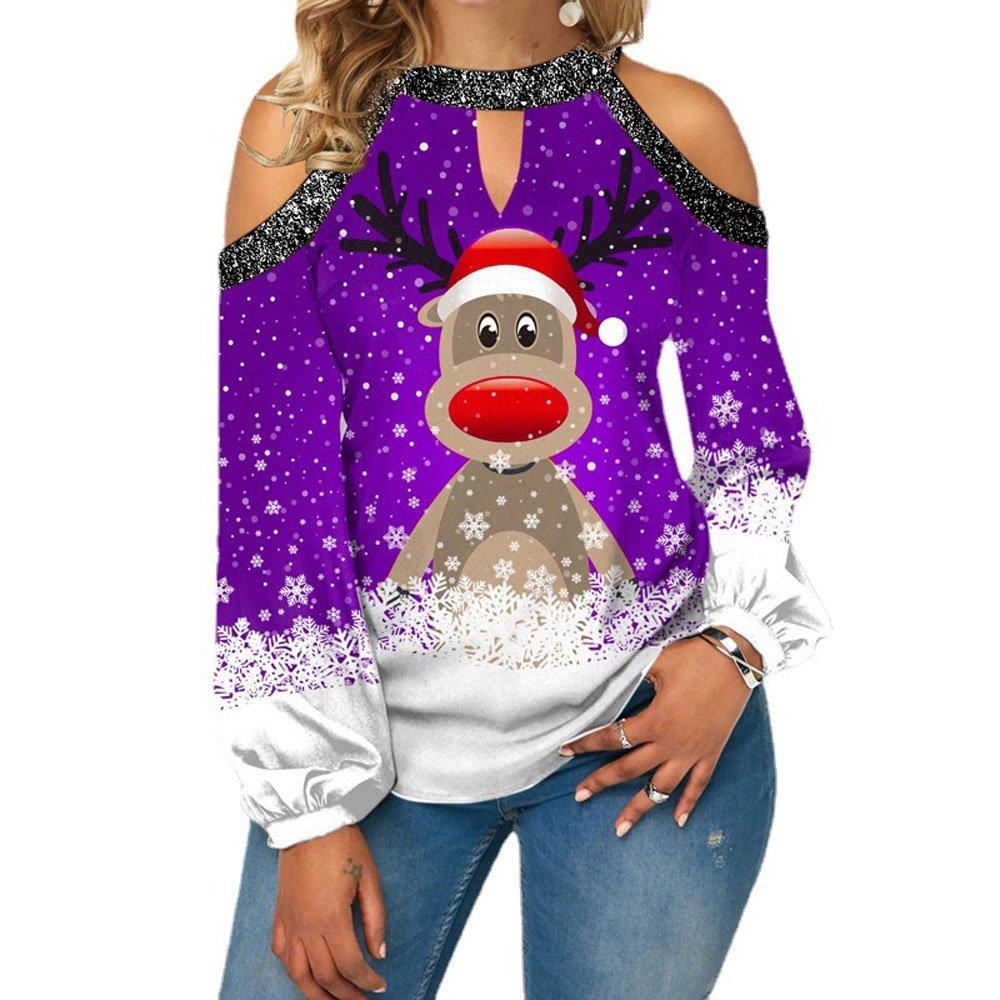 Christmas Women's Clothing Deer Print Sexy Off-shoulder Plus Size Blouse with Lantern Sleeves Sweatshirt