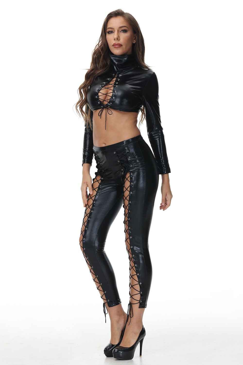Black Patent leather Nightclub Bandage Leotard Suit