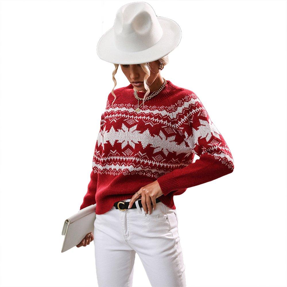 Women Ugly Christmas Sweaters Round Neck Red Knitted Christmas Snowflake Top
