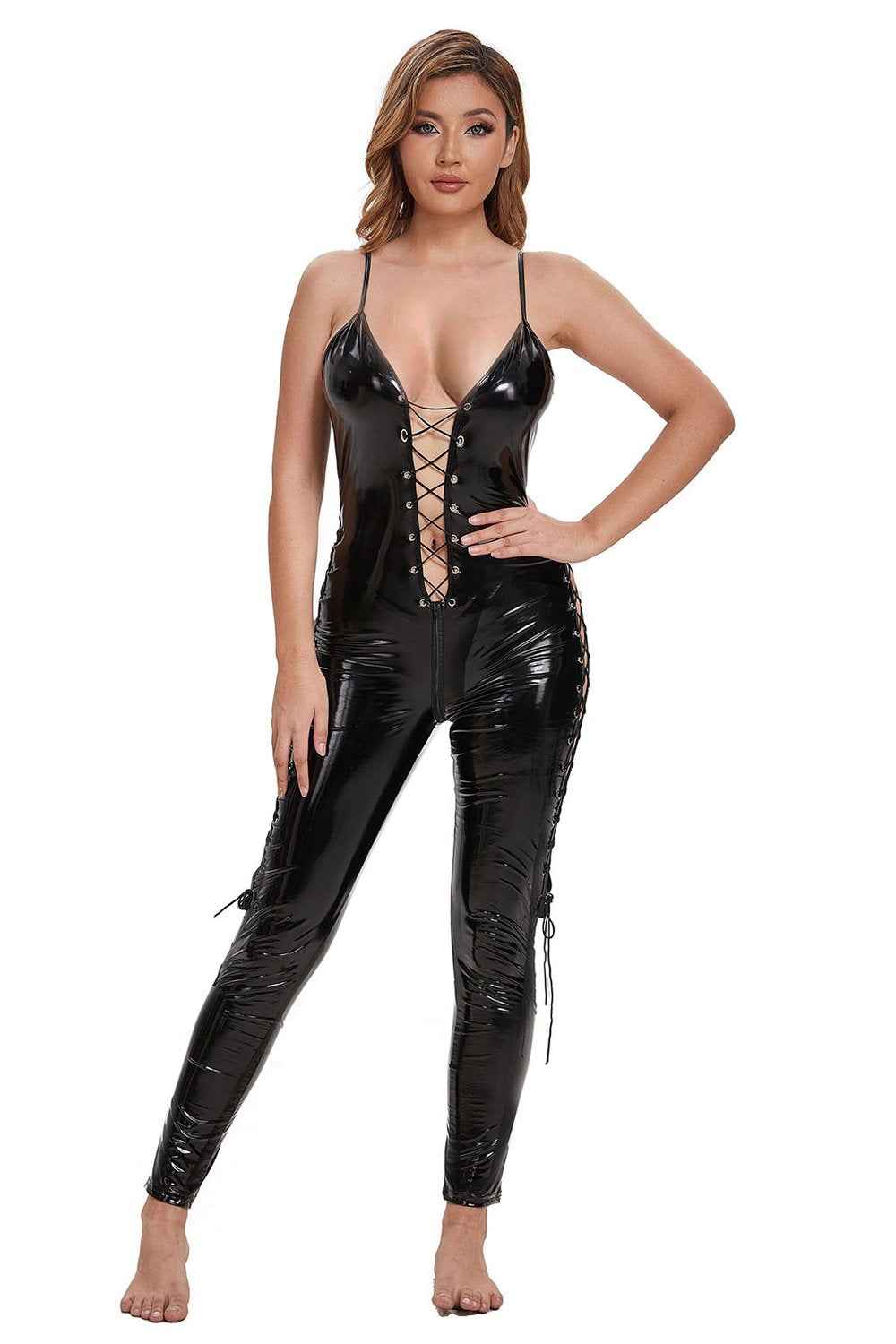 Suspender zipper ties Patent Leather Jumpsuit Lingerie