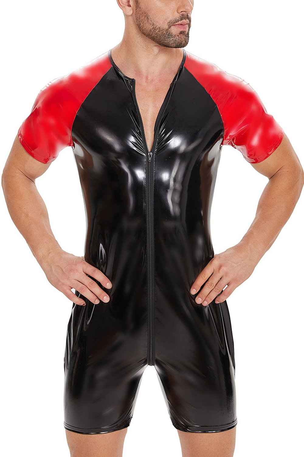 Men's PVC Bright Leather Bodysuit Catsuits Jumpsuit