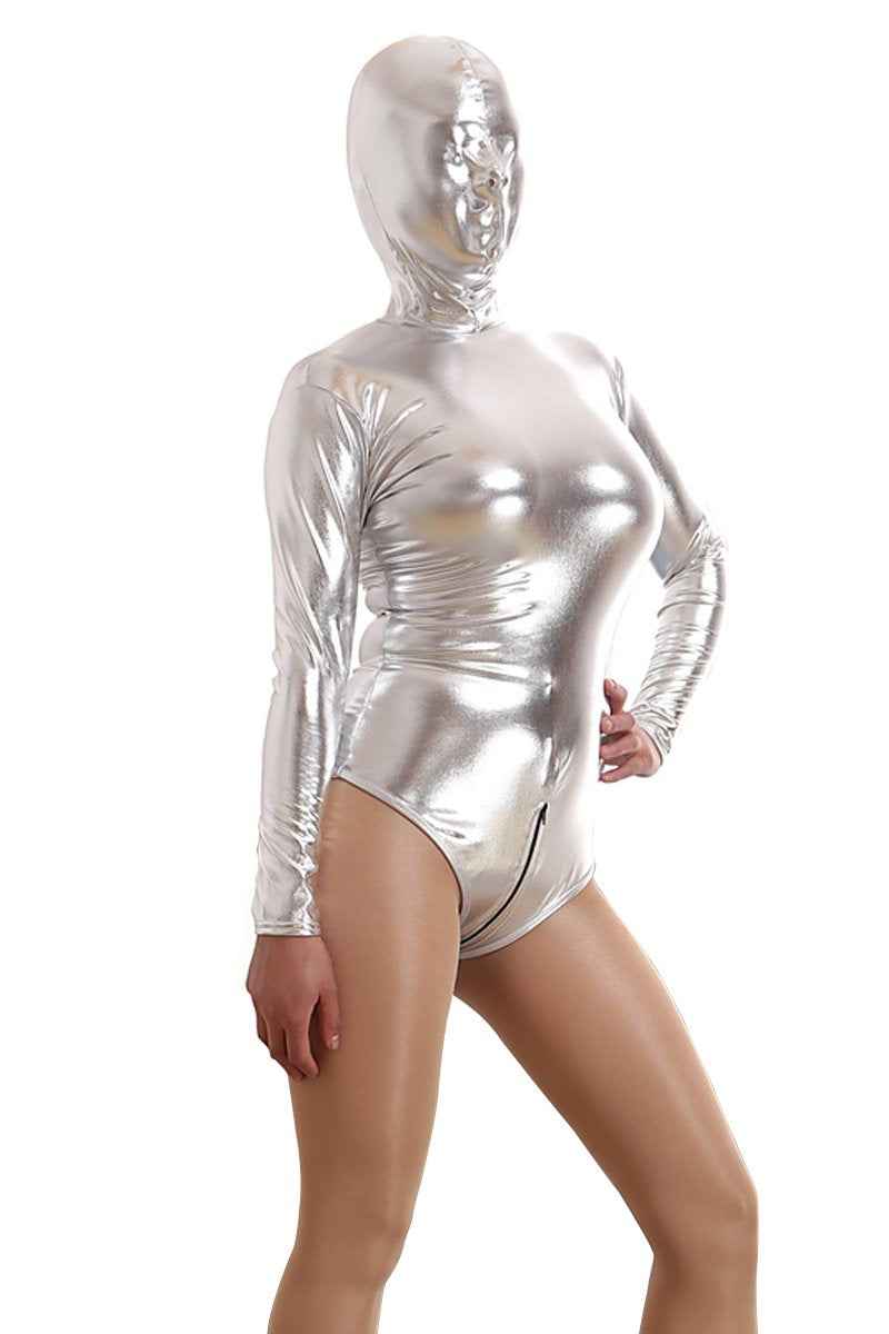 Pullover Long Sleeves T-crotch Patent Leather Jumpsuit