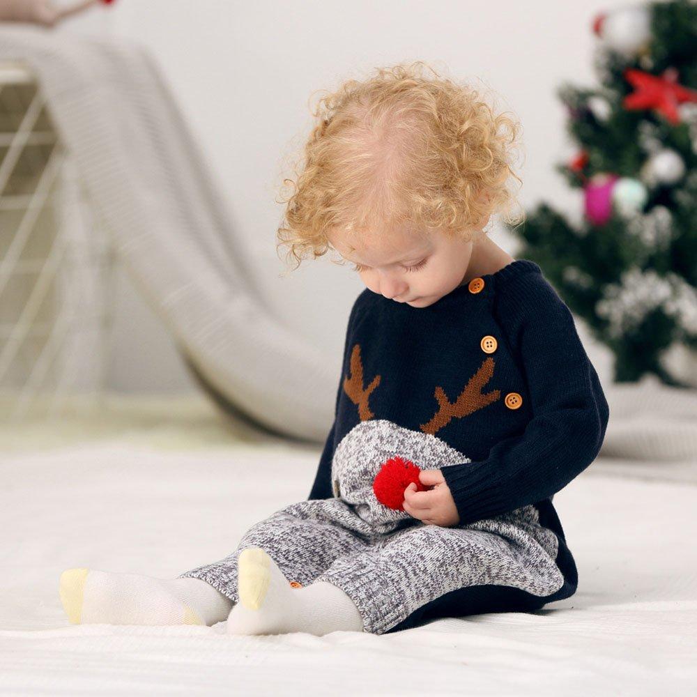 Christmas Outfit Knitted Reindeer Dark Blue Toddler Baby Sweater Jumpsuit