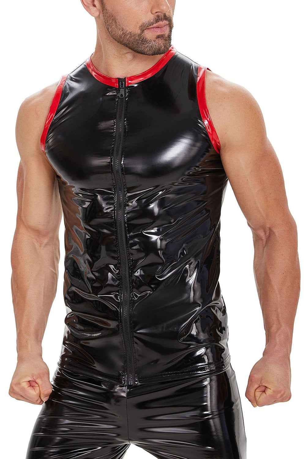 Men's Sleeveless PU leather Crew Neck T-Shirt