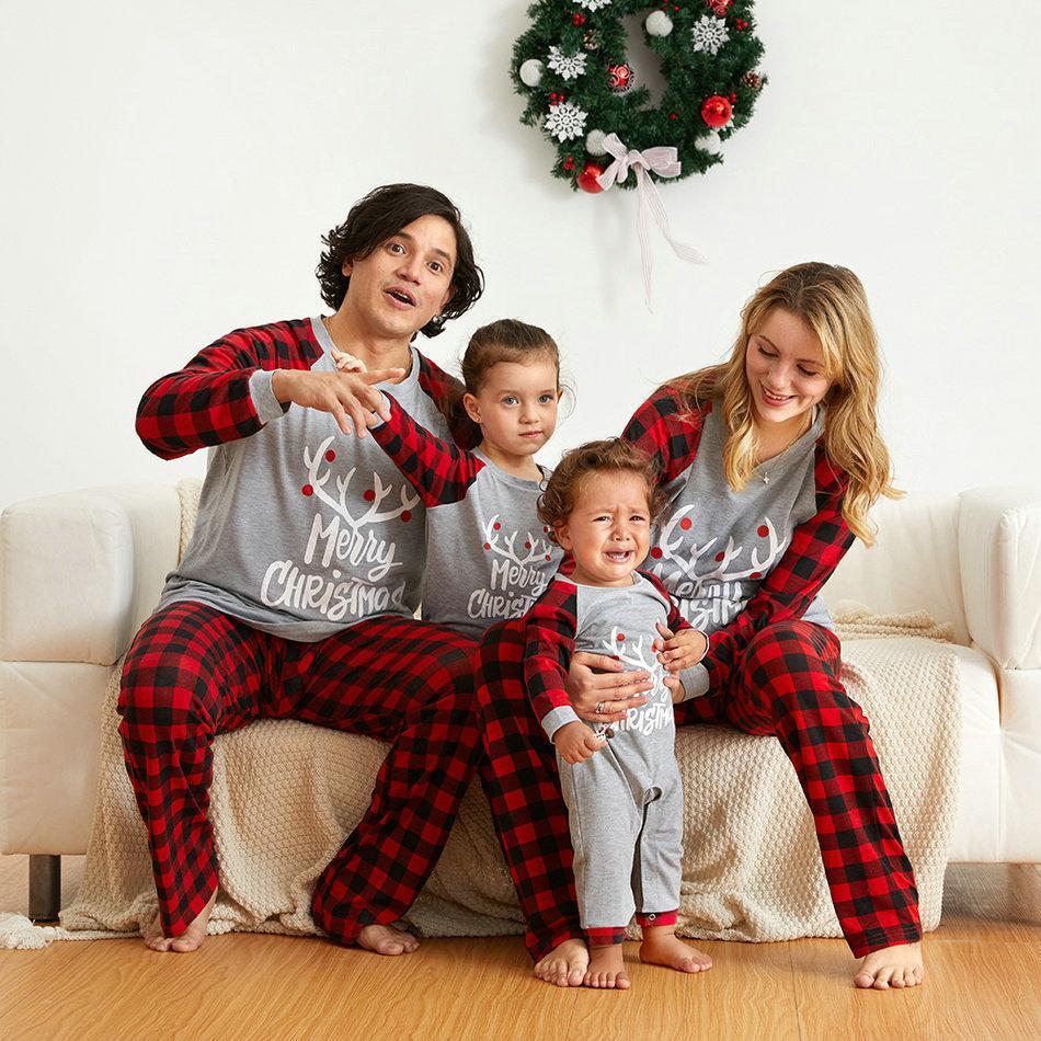 Christmas Family matching Deer print plaid Pajamas two Pieces Set Santa Patterned 2022