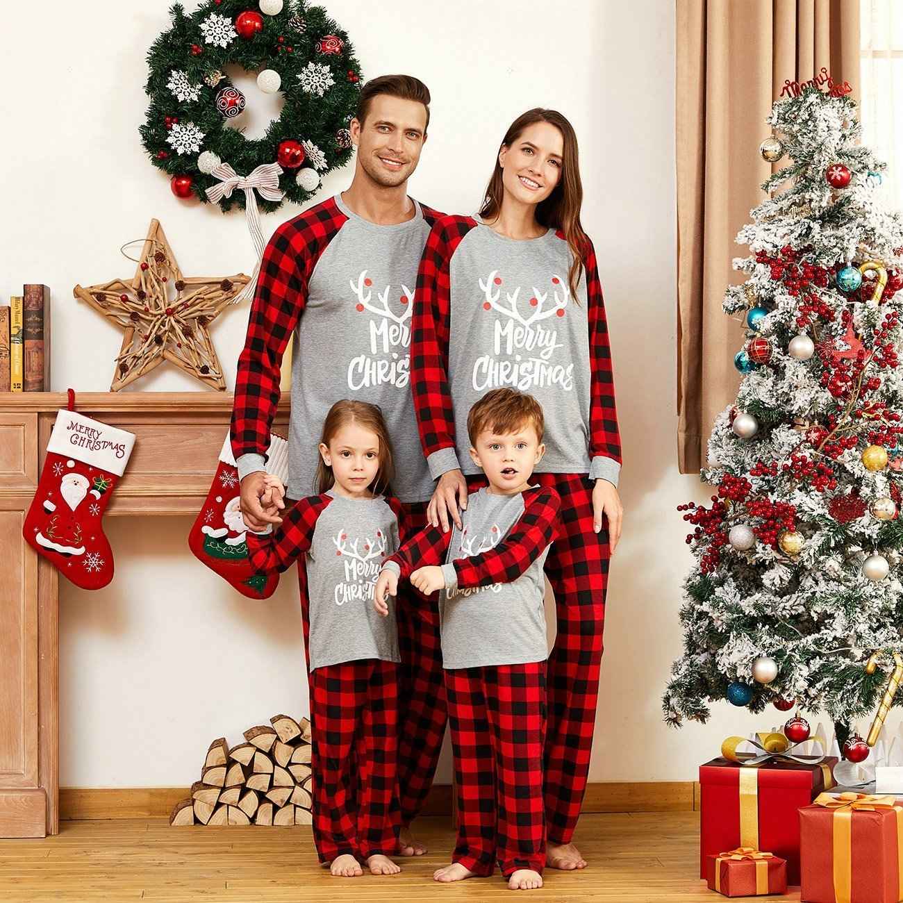 Christmas Family matching Deer print plaid Pajamas two Pieces Set Santa Patterned 2022